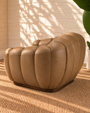 Load image into Gallery viewer, Casey honey brown genuine leather accent chair with rounded channel upholstery, curved arms and a slim wood base.