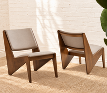 Load image into Gallery viewer, Pair of Catalina warm brown wood lounge chairs with neutral upholstered seats and angular tapered frames