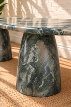 Load image into Gallery viewer, Celine oval dining table in Sage green marble finish with two sculptural tapered pedestal bases and rounded tabletop.