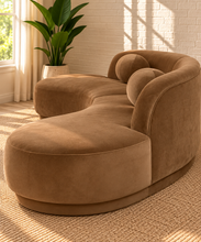 Load image into Gallery viewer, Chance 2-piece modular sectional sofa in Hazelnut Latte Saddle Velvet with sculptural curved seating, rounded back cushions, and circular accent cushions.