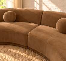 Load image into Gallery viewer, Chance 2-piece modular sectional sofa in Hazelnut Latte Saddle Velvet with sculptural curved seating, rounded back cushions, and circular accent cushions.