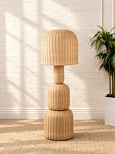 Load image into Gallery viewer, Image 1 of 5: Ciel sculptural floor lamp in natural woven rattan with stacked rounded forms and brass detailing