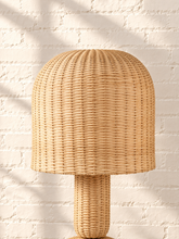 Load image into Gallery viewer, Image 3 of 5: Ciel sculptural floor lamp in natural woven rattan with stacked rounded forms and brass detailing