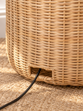 Load image into Gallery viewer, Image 5 of 5: Ciel sculptural floor lamp in natural woven rattan with stacked rounded forms and brass detailing