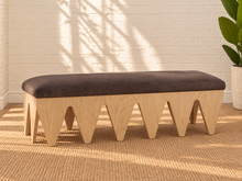 Load image into Gallery viewer, Clark sculptural dining bench in Cocoa Ash with soft brown velour fur upholstery and geometric Oak Veneer base
