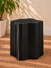 Load image into Gallery viewer, Clemens sculptural charcoal side table with curved Art Deco-inspired silhouette and oak veneer.
