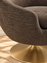 Load image into Gallery viewer, Cleo mocha chenille swivel lounge chair with rounded barrel back, loose seat cushion, and brushed gold pedestal base
