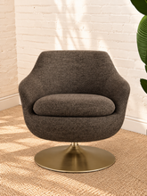 Load image into Gallery viewer, Cleo mocha chenille swivel lounge chair with rounded barrel back, loose seat cushion, and brushed gold pedestal base