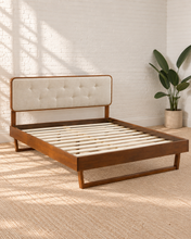 Load image into Gallery viewer, Colette full size bed with walnut angular wood frame and Ivory Beige button-tufted upholstered headboard.