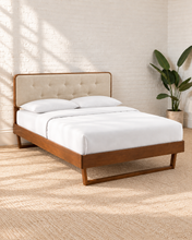 Load image into Gallery viewer, Colette full size bed with walnut angular wood frame and Ivory Beige button-tufted upholstered headboard.