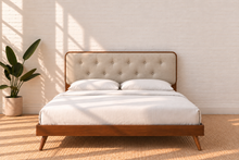 Load image into Gallery viewer, Colette King Size bed with Walnut wood frame, Ivory Beige tufted upholstered headboard, and tapered rubberwood legs.