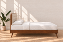 Load image into Gallery viewer, Colette King Size bed with Walnut wood frame, Ivory Beige tufted upholstered headboard, and tapered rubberwood legs.