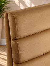 Load image into Gallery viewer, Conrad upholstered dining chair in Honey Cognac velvet with deep channel-tufted back and sculptural frame