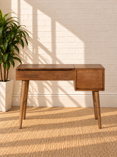 Load image into Gallery viewer, Image 1 of 6: Criza Lift-Up Vanity Desk in Walnut with built-in mirror, divided storage compartments, drawer, and tapered legs
