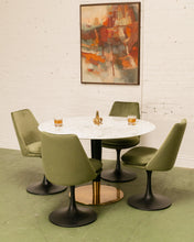Load image into Gallery viewer, Modern Daisy upholstered chair with tapered back, rounded cushioned seat, and sculptural tulip-style pedestal base