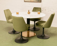 Load image into Gallery viewer, Modern Daisy upholstered chair with tapered back, rounded cushioned seat, and sculptural tulip-style pedestal base