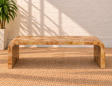 Load image into Gallery viewer, Danah rectangular ash burl wood coffee table in Mocha Latte with rounded waterfall sides and naturally figured burl wood grain.
