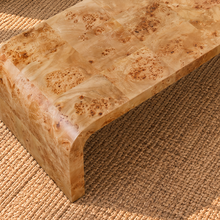 Load image into Gallery viewer, Danah rectangular ash burl wood coffee table in Mocha Latte with rounded waterfall sides and naturally figured burl wood grain.