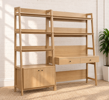 Load image into Gallery viewer, Delina two-piece natural wood workspace set with desk, open shelves, drawers, bookshelf and concealed cabinet storage