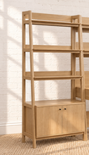 Load image into Gallery viewer, Delina two-piece natural wood workspace set with desk, open shelves, drawers, bookshelf and concealed cabinet storage