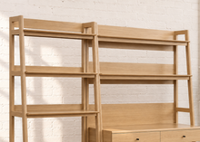Load image into Gallery viewer, Delina two-piece natural wood workspace set with desk, open shelves, drawers, bookshelf and concealed cabinet storage