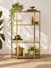 Load image into Gallery viewer, 1970s vintage brass etagere display shelf, 45 inches wide and 67.5 inches tall