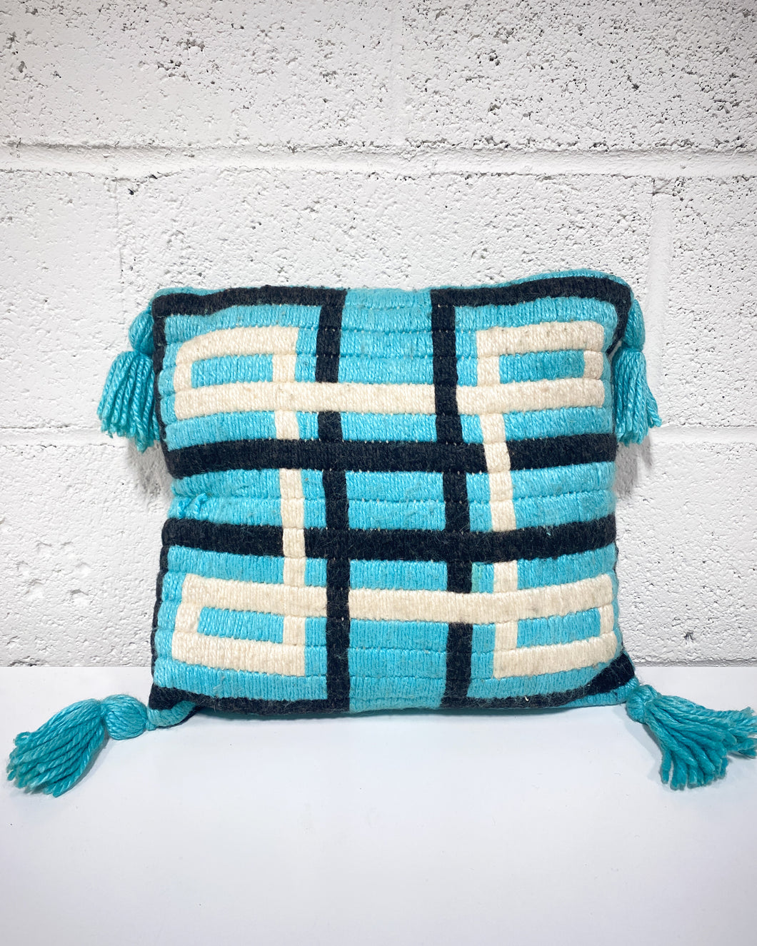 Vintage Blue Woven Pillow with Tassels
