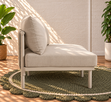 Load image into Gallery viewer, Elara right-arm outdoor sofa section in Warm Stone with curved cushioned seat, two back cushions, and slim aluminum frame