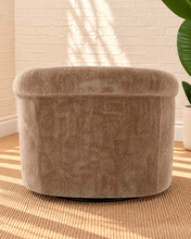 Load image into Gallery viewer, Ellie mocha beige upholstered accent chair with rounded wraparound arms, curved back, tight seat and softly textured fabric.