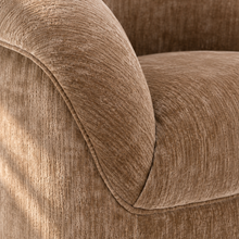 Load image into Gallery viewer, Ellie mocha beige upholstered accent chair with rounded wraparound arms, curved back, tight seat and softly textured fabric.