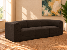 Load image into Gallery viewer, Elton 3-piece sectional sofa in dark brown boucle with curved corner arms, deep seating, modular design, and contemporary silhouette.