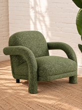 Load image into Gallery viewer, Esme avocado green lounge chair with textured woven upholstery, rounded back, wide cushioned seat, and sculptural curved arms