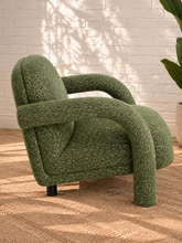 Load image into Gallery viewer, Esme avocado green lounge chair with textured woven upholstery, rounded back, wide cushioned seat, and sculptural curved arms
