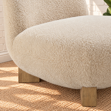 Load image into Gallery viewer, Estelle oatmeal faux mohair lounge chair with rounded organic silhouette and natural wood block feet