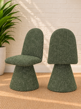 Load image into Gallery viewer, Ethel upholstered dining chair in Woodland Green interwoven polyester fabric with sculptural pedestal base
