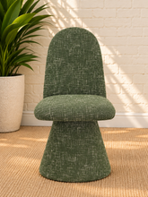 Load image into Gallery viewer, Ethel upholstered dining chair in Woodland Green interwoven polyester fabric with sculptural pedestal base