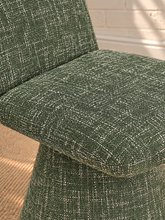 Load image into Gallery viewer, Ethel upholstered dining chair in Woodland Green interwoven polyester fabric with sculptural pedestal base