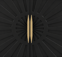 Load image into Gallery viewer, Eva midnight bar cabinet with dimensional sunburst doors, long gold handles, gold metal base, and tapered legs