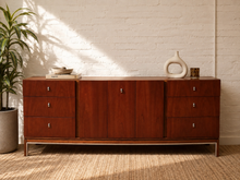 Load image into Gallery viewer, Vintage American of Martinsville mid-century modern wood credenza with nine drawers, central cabinet doors and polished metal pulls.