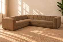 Load image into Gallery viewer, Felicity 3-piece L-shaped sectional sofa in Caramel Brown textured upholstery with rounded arms, deep channel-tufted back, and contemporary design.