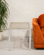 Load image into Gallery viewer, Chrome Side Table with Smoke Glass and Brass Accents