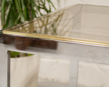 Load image into Gallery viewer, Chrome Side Table with Smoke Glass and Brass Accents