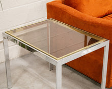 Load image into Gallery viewer, Chrome Side Table with Smoke Glass and Brass Accents