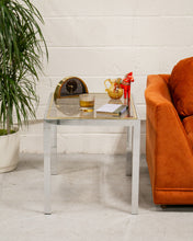 Load image into Gallery viewer, Chrome Side Table with Smoke Glass and Brass Accents