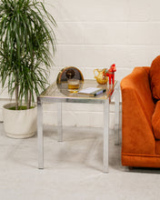 Load image into Gallery viewer, Chrome Side Table with Smoke Glass and Brass Accents