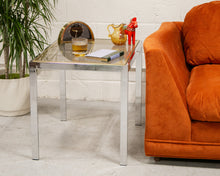 Load image into Gallery viewer, Chrome Side Table with Smoke Glass and Brass Accents