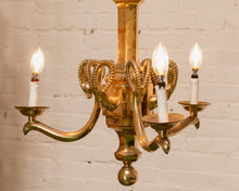 Load image into Gallery viewer, Mid-20th Century Champan Brass Three-Arm Chandelier with Ram's Heads