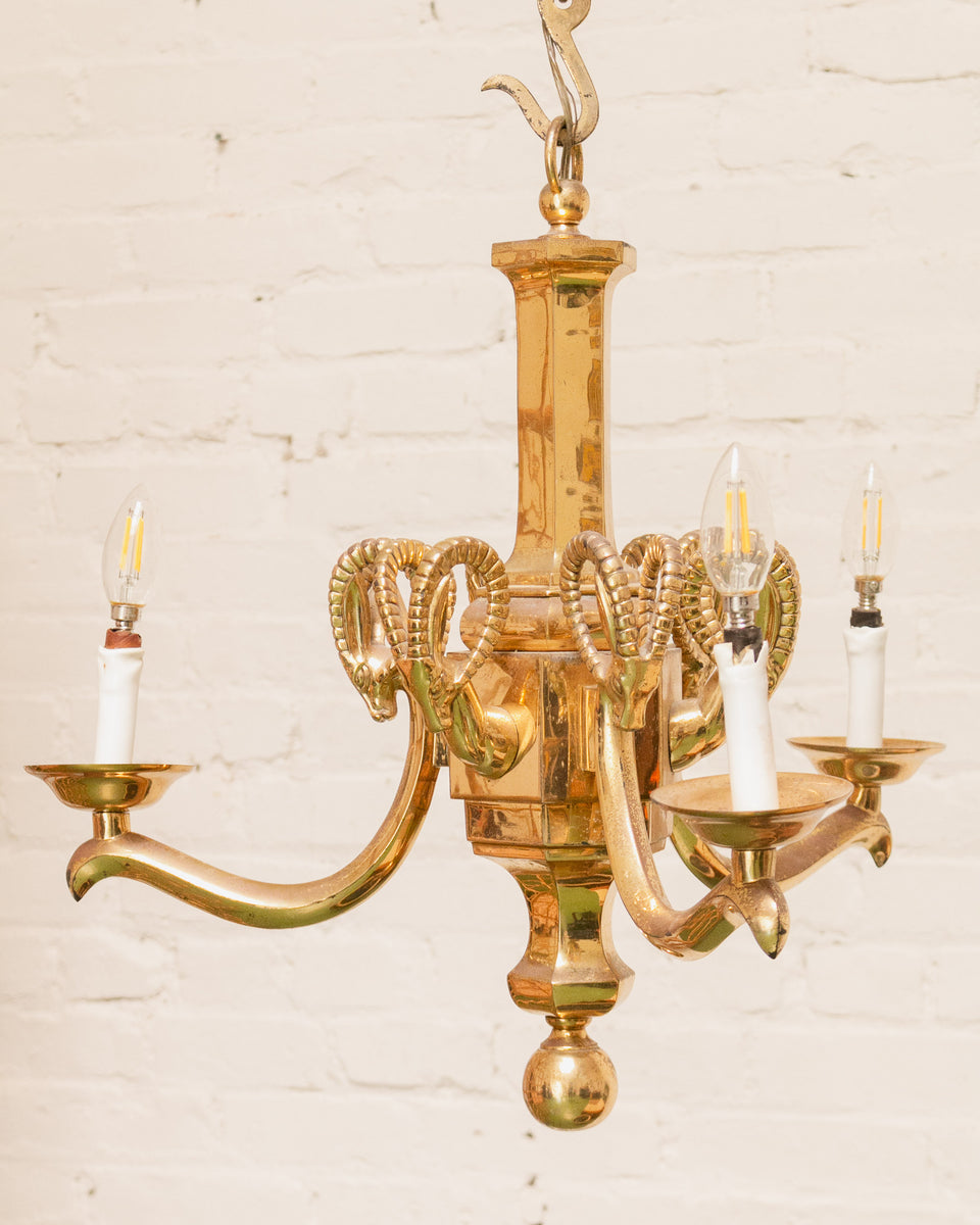 Mid-20th Century Champan Brass Three-Arm Chandelier with Ram's