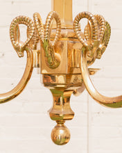 Load image into Gallery viewer, Mid-20th Century Champan Brass Three-Arm Chandelier with Ram's Heads