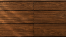 Load image into Gallery viewer, Finley six-drawer dresser in warm walnut with natural wood grain, rounded corner frame and handle-free push-to-open drawer fronts.